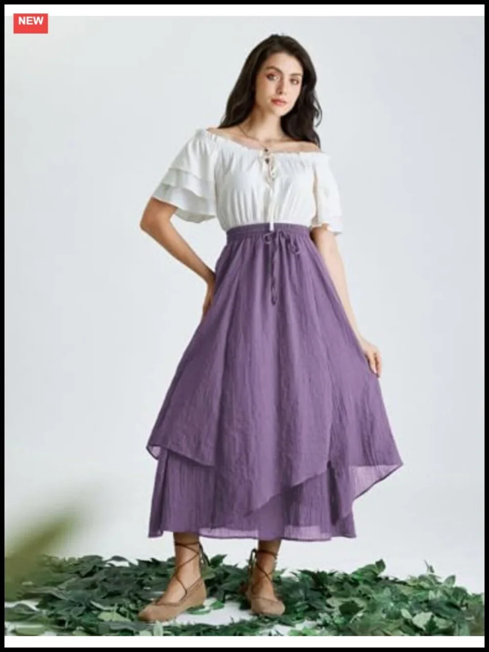 Renaissance Maxi Skirt with Pockets, Asymmetrical Layered A-Line, Elastic High